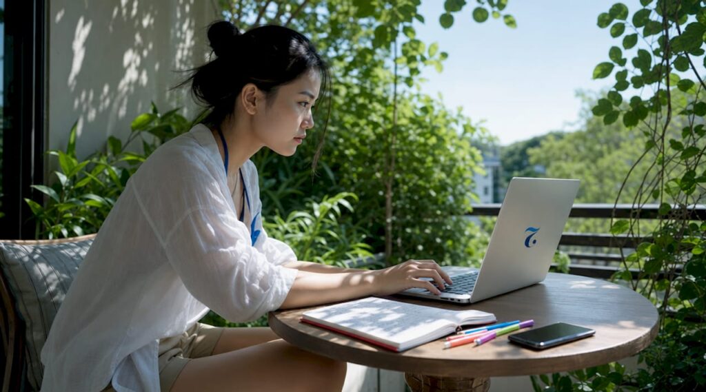 Woman studying Thai language online at home