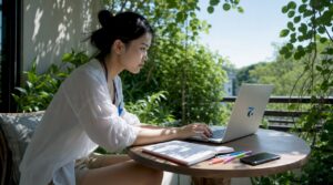 Woman studying Thai language online at home