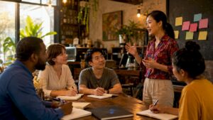 Group learning Thai in classroom with instructor