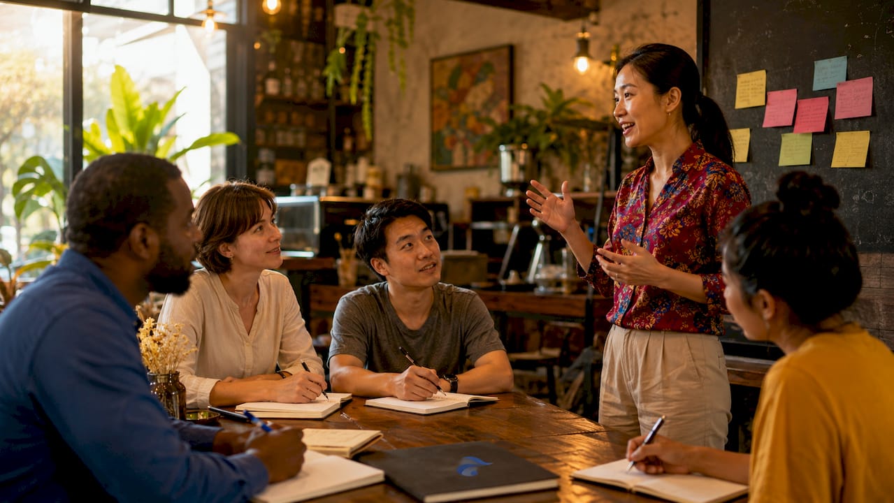 Group learning Thai in classroom with instructor
