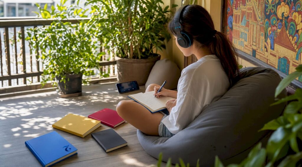 Woman studying Thai language with cultural items