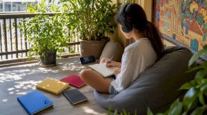 Woman studying Thai language with cultural items