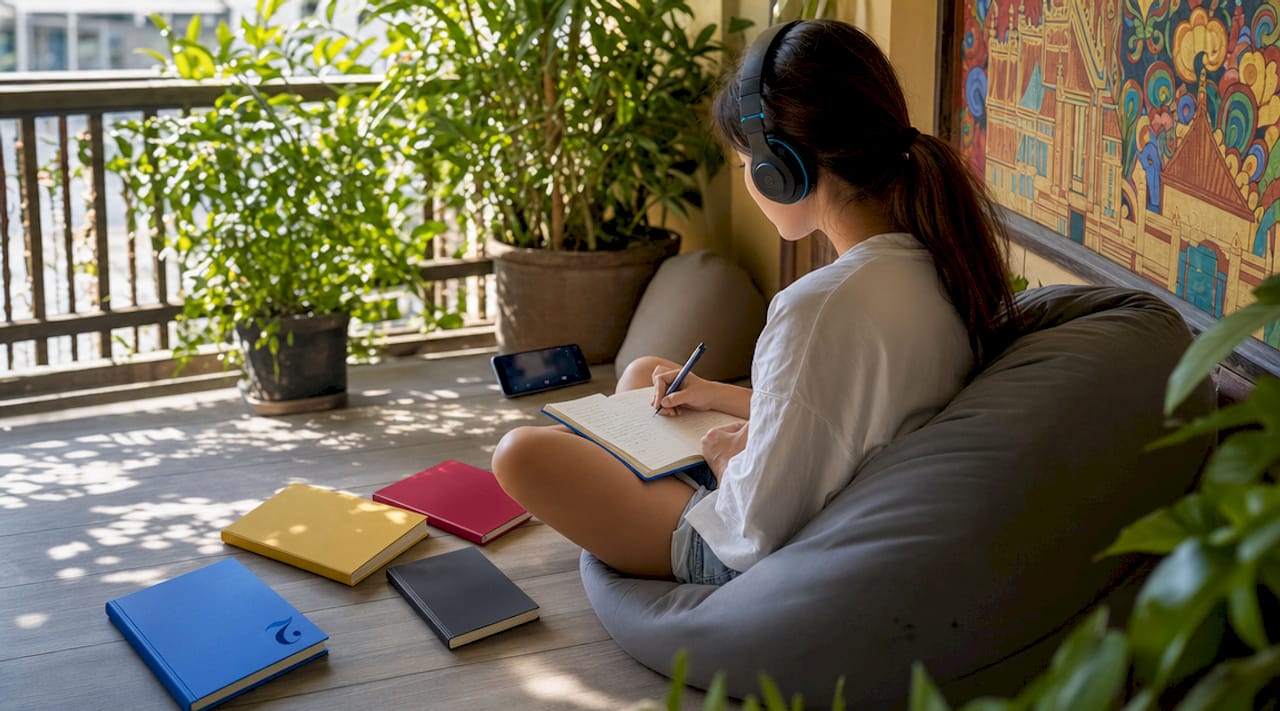 Woman studying Thai language with cultural items
