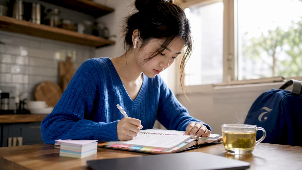 Person studying Thai vocabulary at desk