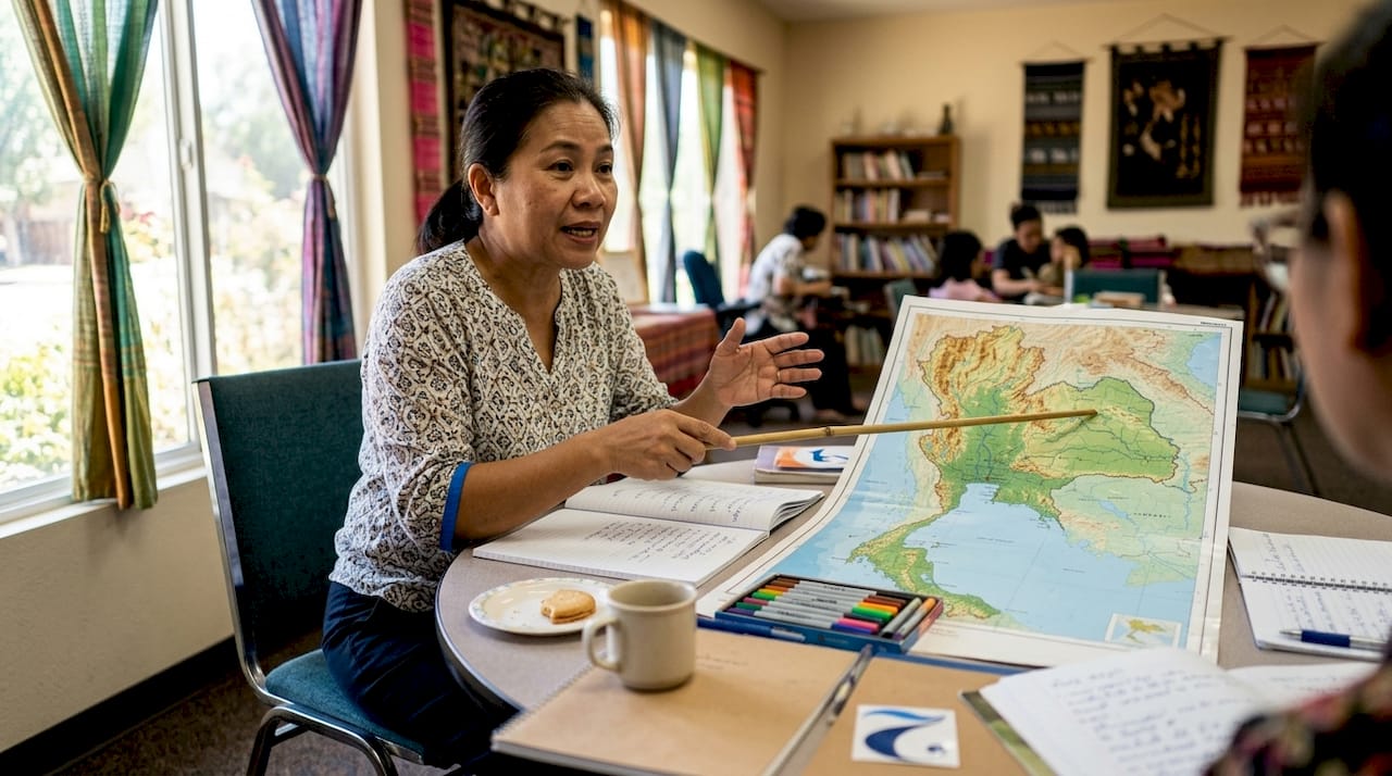 Language instructor pointing at Thai dialect map