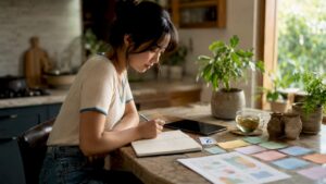 Learner practicing language tasks at home desk