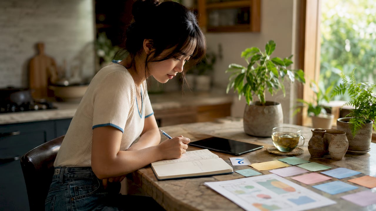 Learner practicing language tasks at home desk