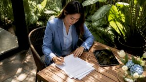 Thai woman reviewing business documents in office