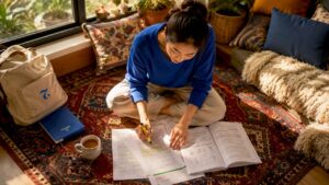 Woman customizing Thai language lessons at home table