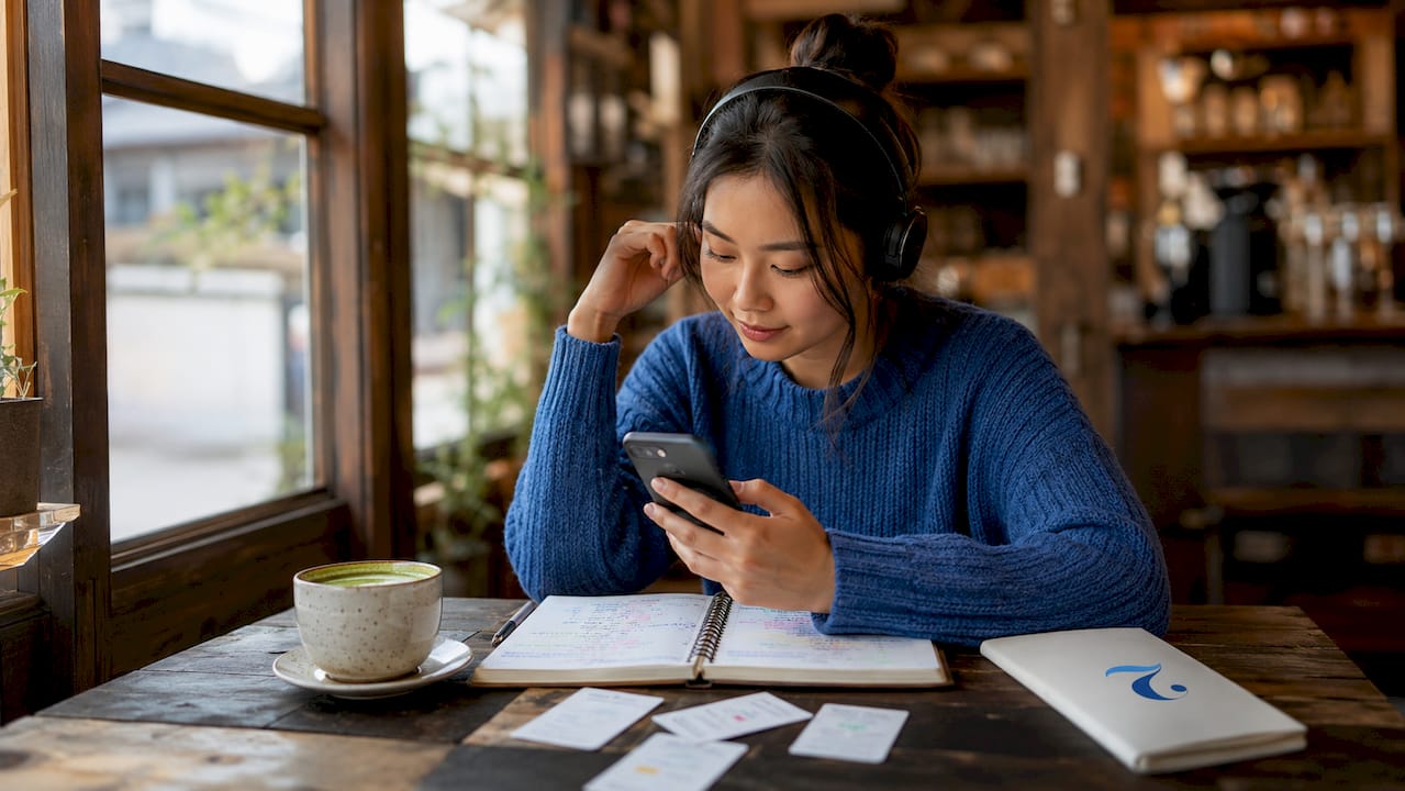 Woman using Thai language app at home
