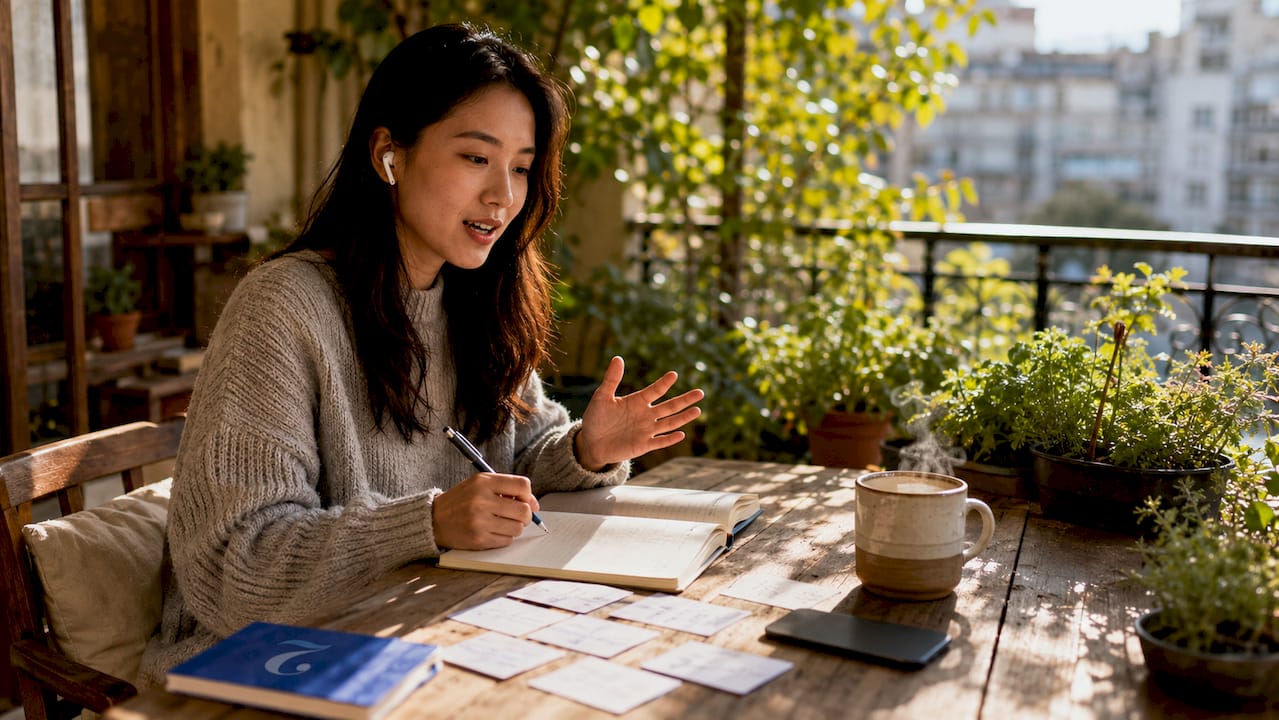 Woman practicing active language learning in café