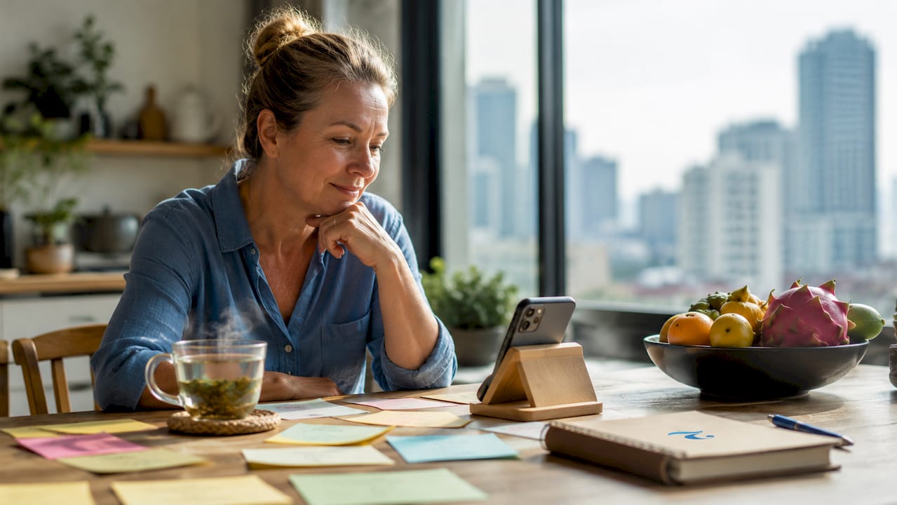 Expat woman practicing Thai with smartphone