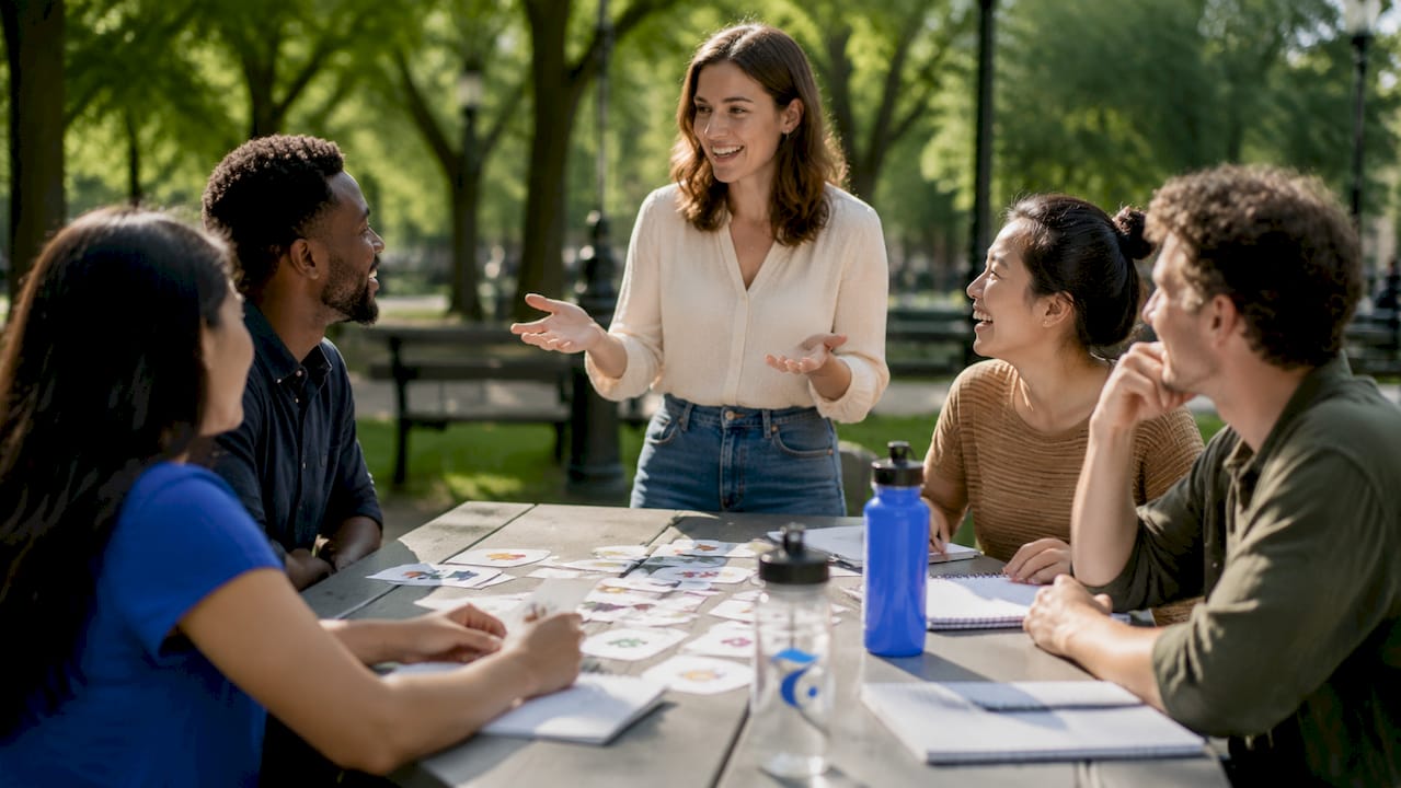 Teacher interacting with adult language learners