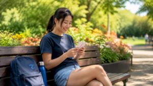Woman studying language and culture at café table