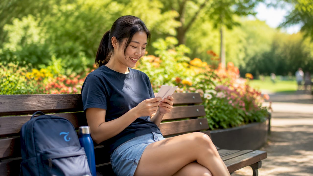 Woman studying language and culture at café table