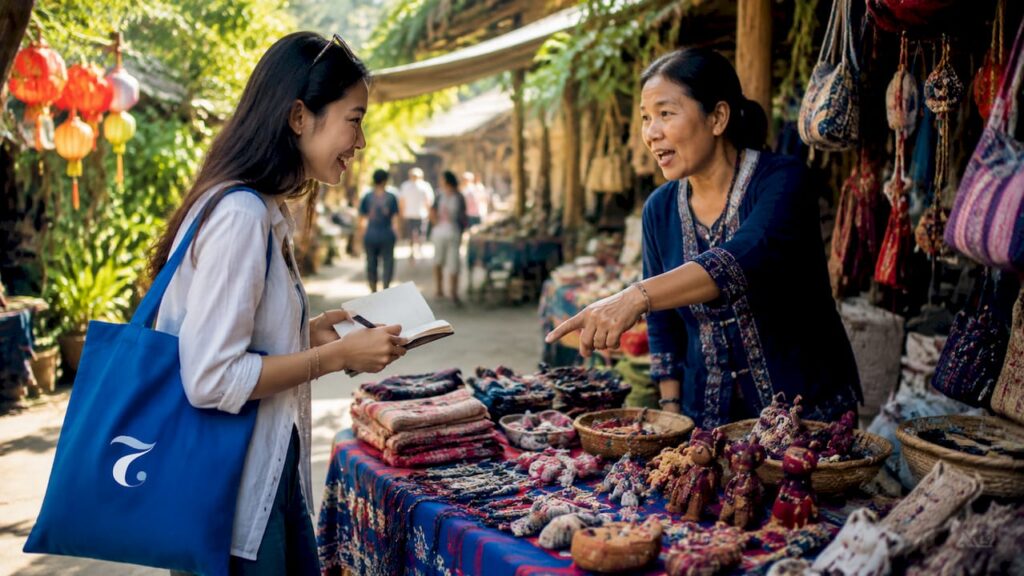Thai learner practicing conversation at market