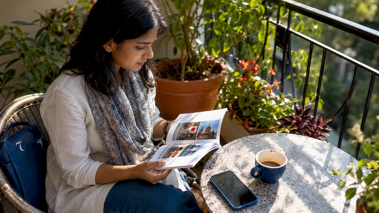 Young woman studying language and culture in café
