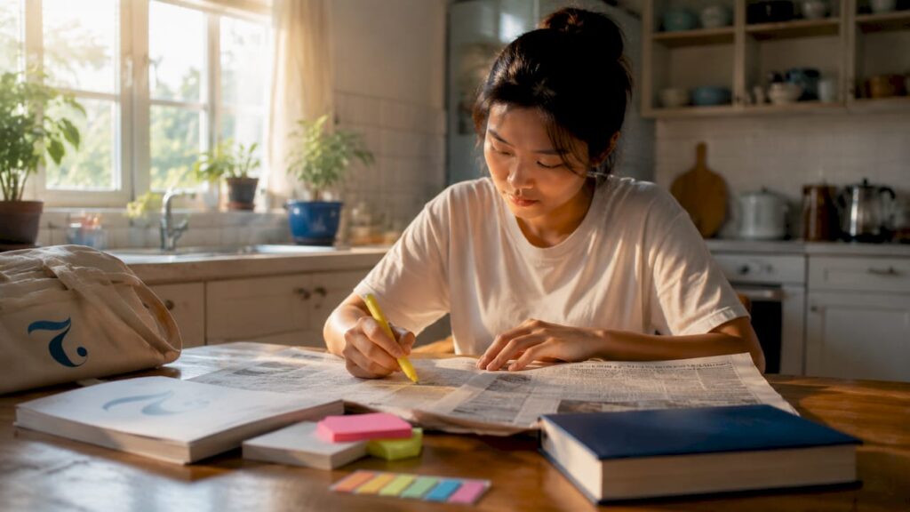 Beginner reading Thai newspaper at home desk
