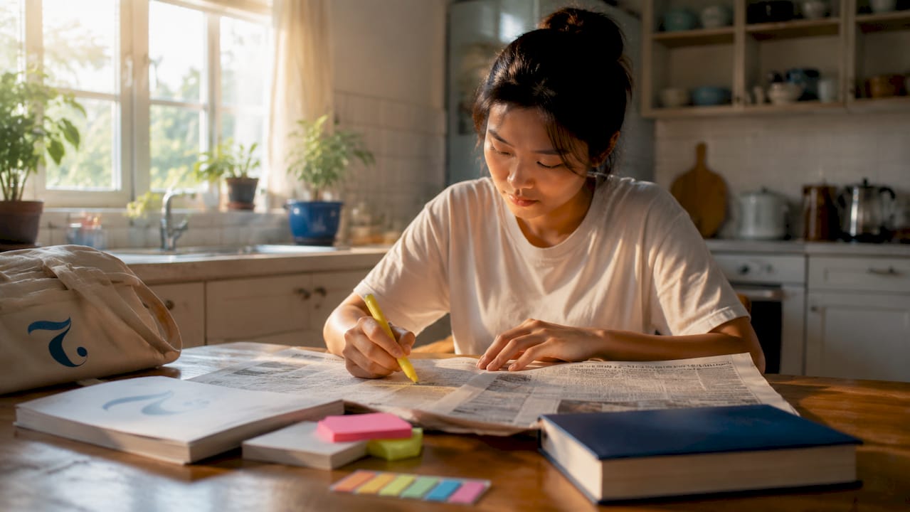 Beginner reading Thai newspaper at home desk