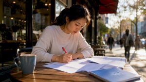 Woman preparing for language proficiency test at home desk