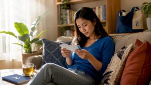 Young woman studying language proficiency at home