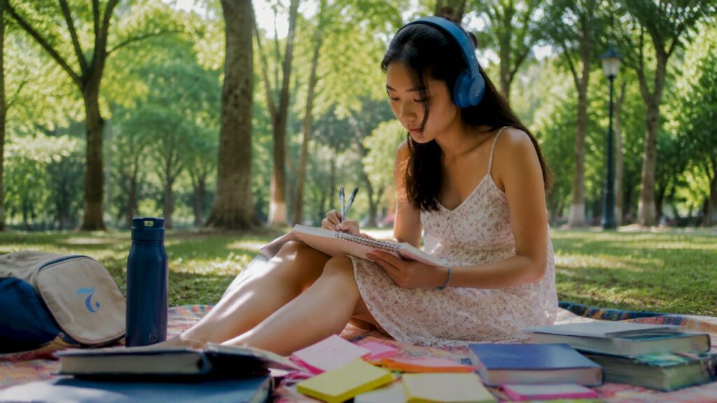 Woman listening and taking language notes at home