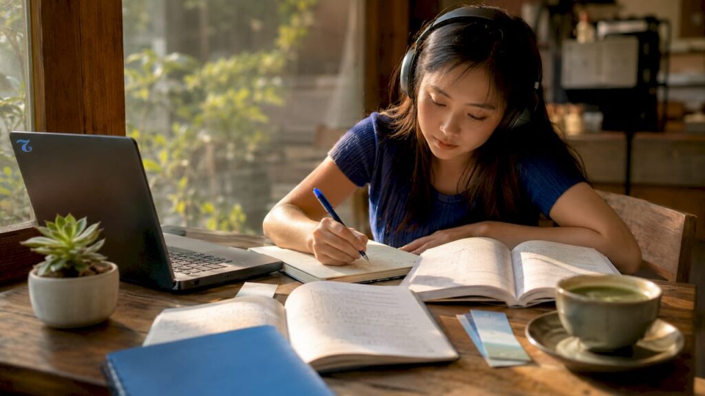 Young woman studying advanced Thai with books and notes