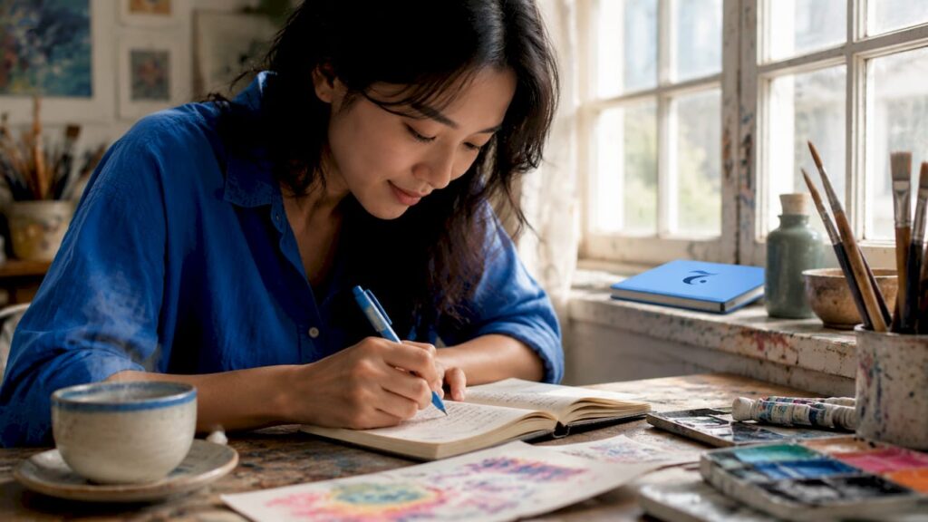 Woman writing in Thai language journal at home desk