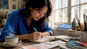 Woman writing in Thai language journal at home desk