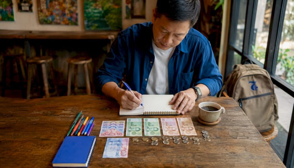 Middle-aged man studying Thai currency vocabulary at desk