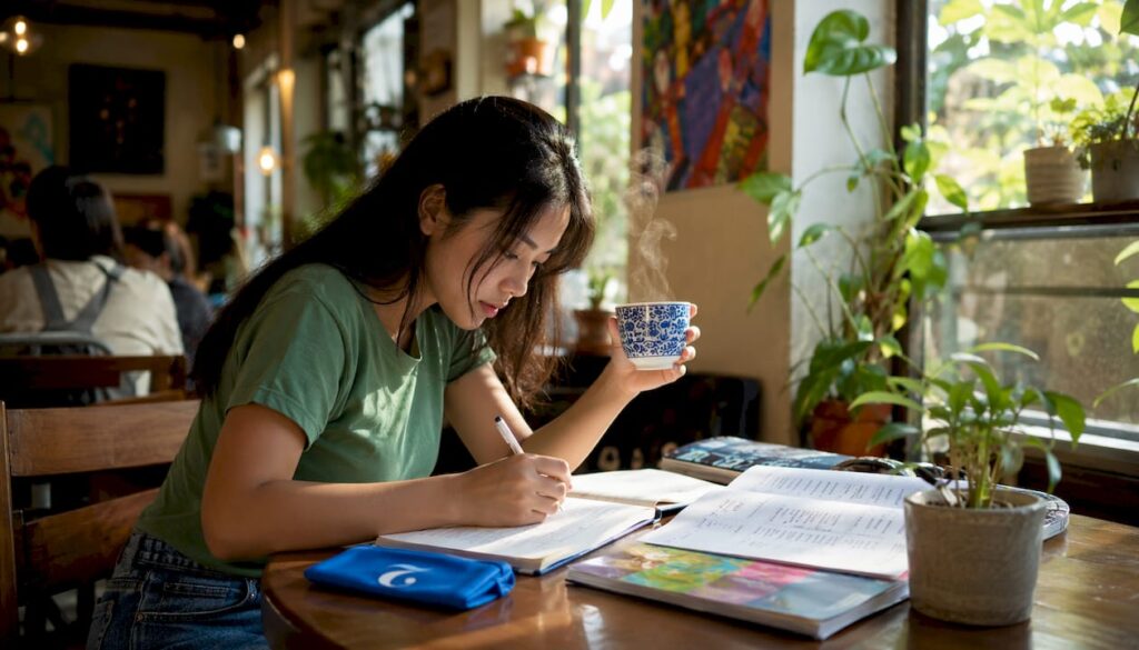Woman studying Thai question words at desk
