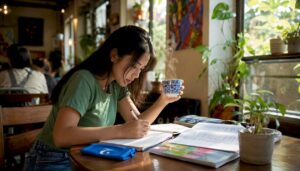 Woman studying Thai question words at desk