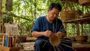 Thai artisan weaving bamboo baskets in workshop