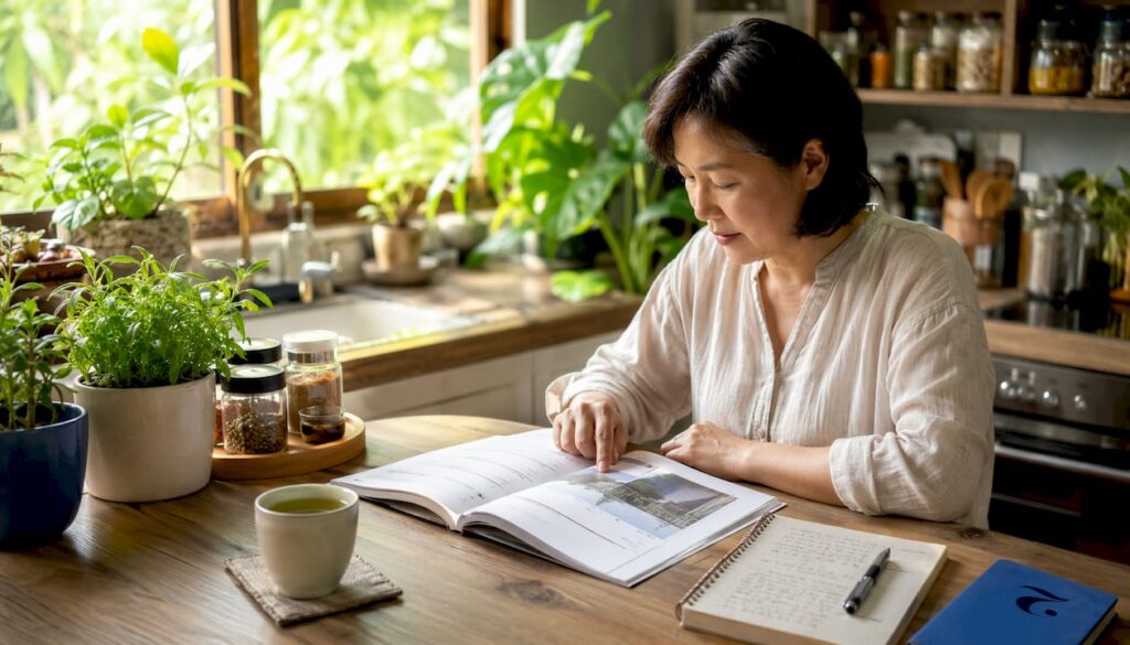 Adult Thai learner studying structured curriculum booklet