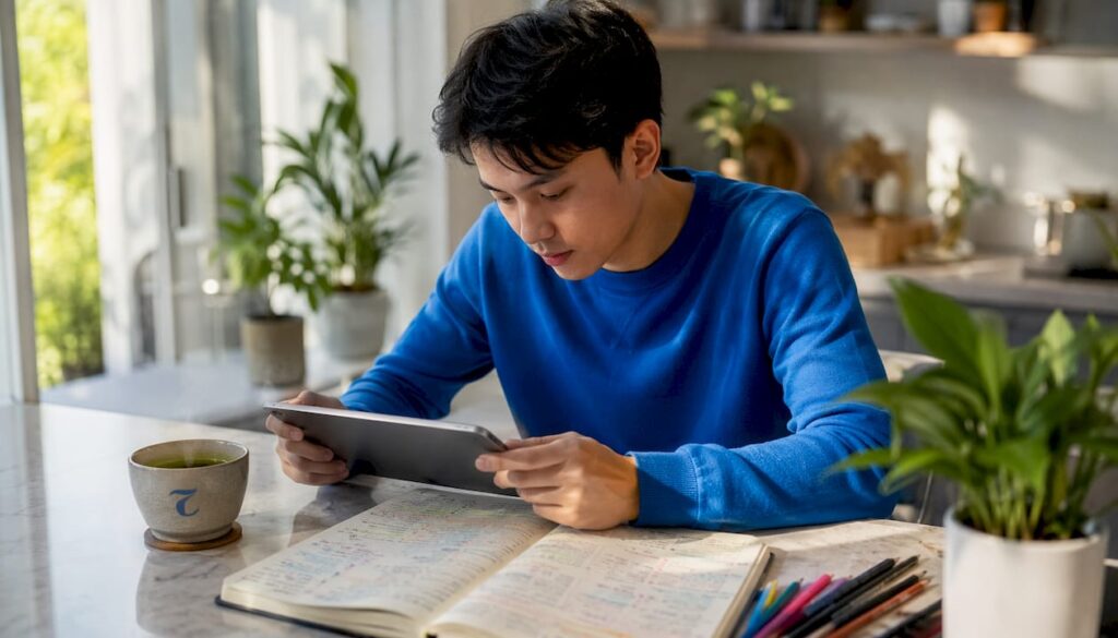 Person studying Thai language alternatives on tablet
