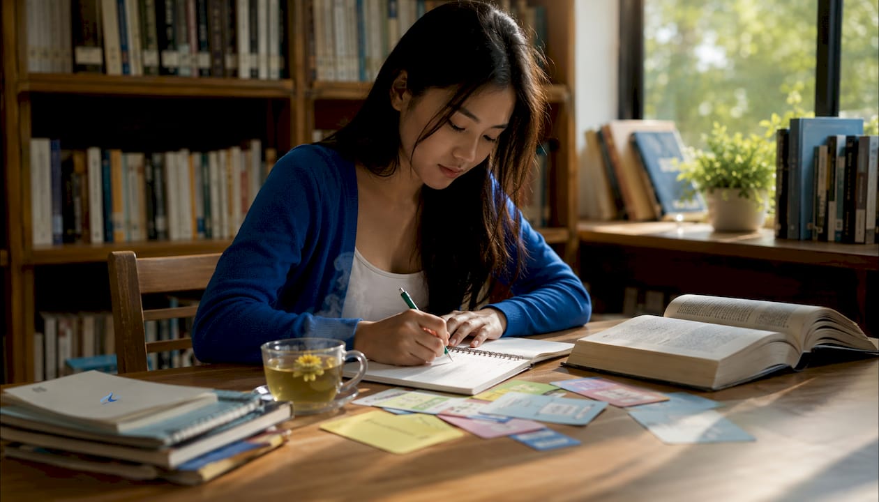Student writing Thai script in classroom