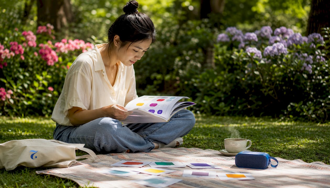 Woman studying Thai color vocabulary at home