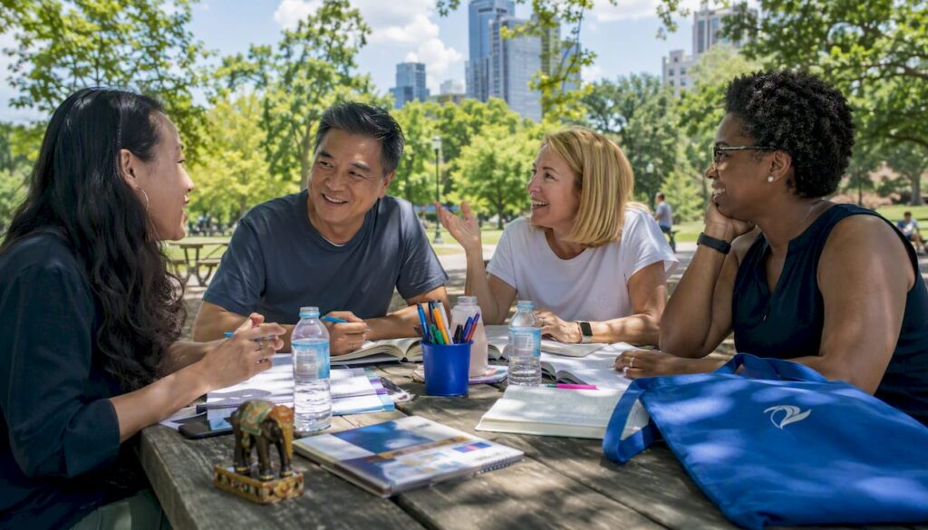 Adults practising Thai language at meetup