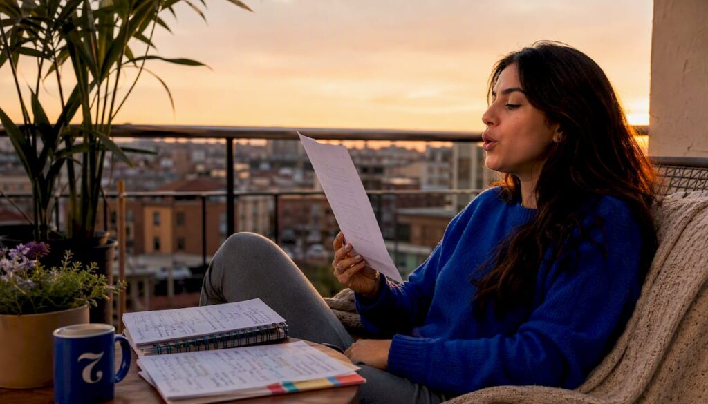 Woman practicing English conversations at home