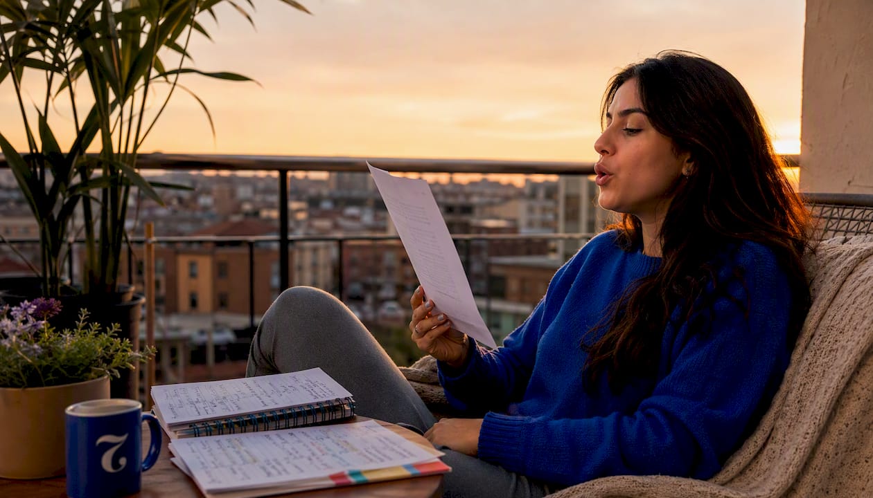 Woman practicing English conversations at home