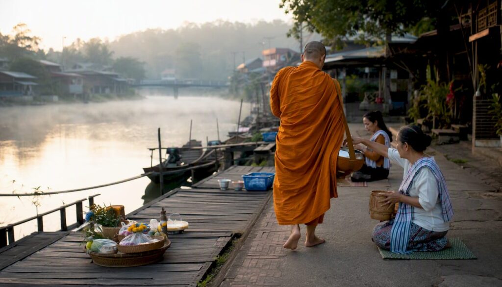 Monk receiving alms in Thai village morning