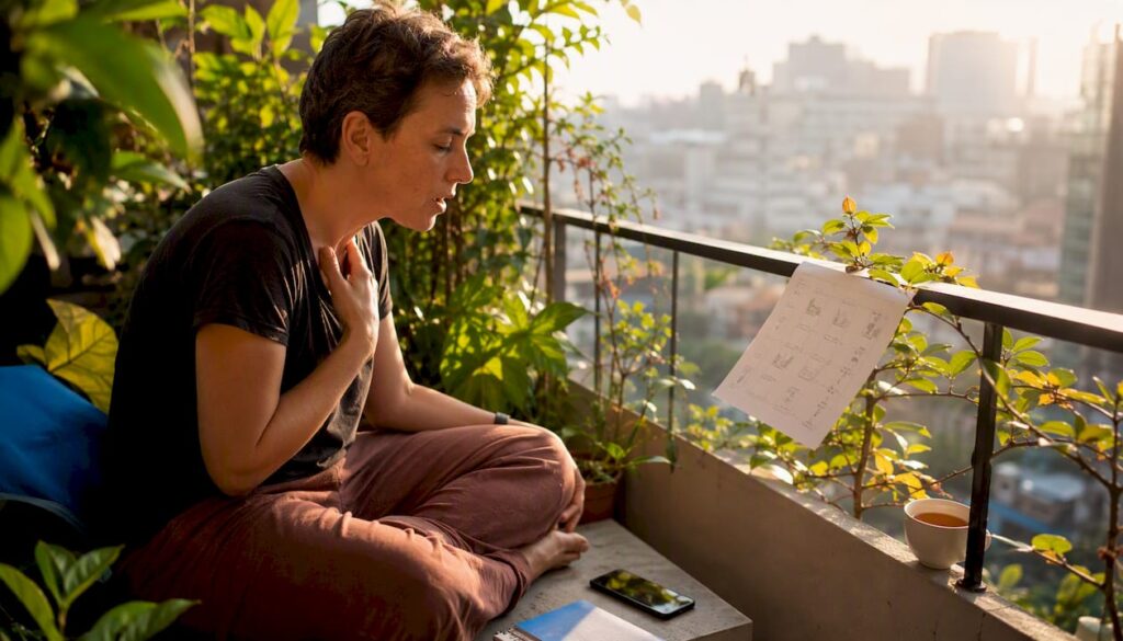 Adult practicing Thai tones at home desk