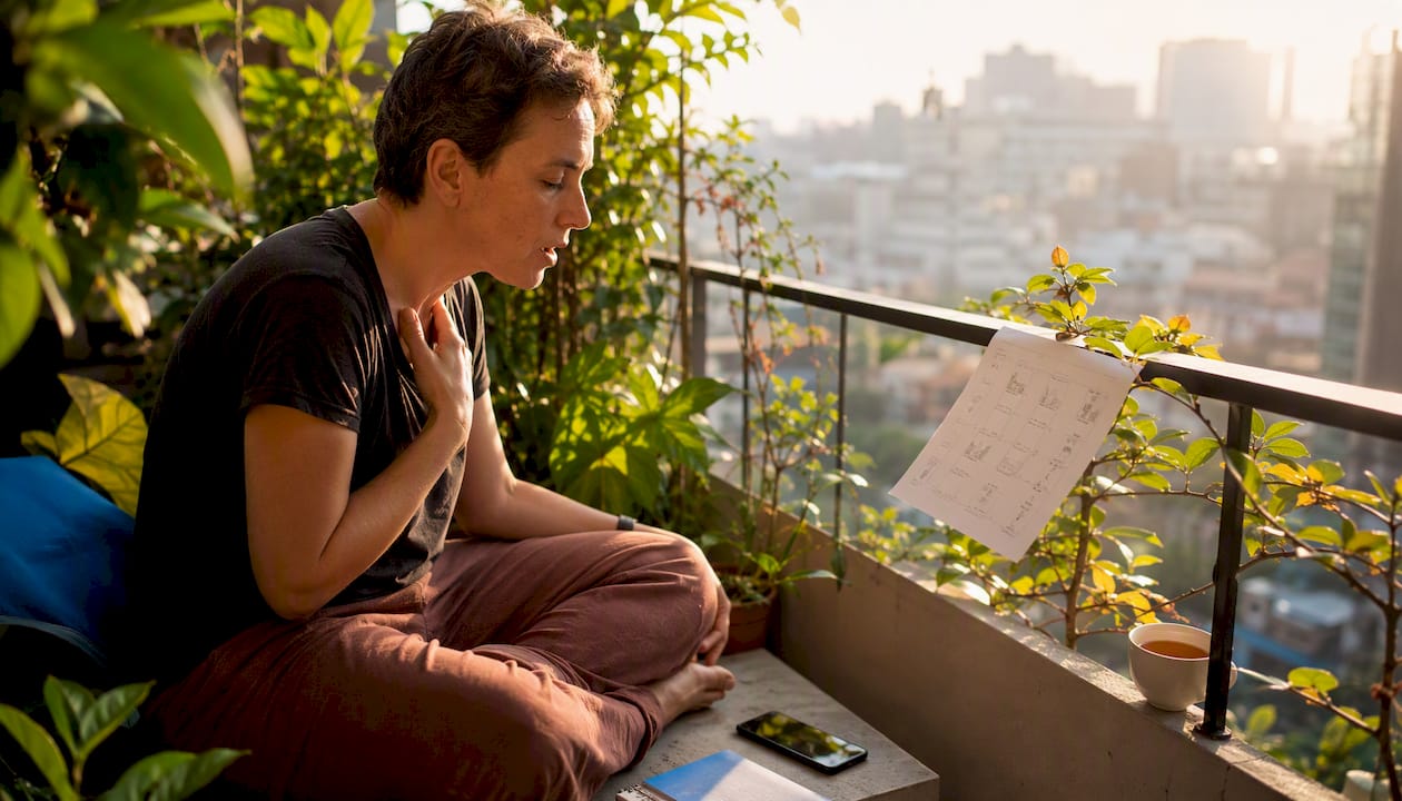 Adult practicing Thai tones at home desk