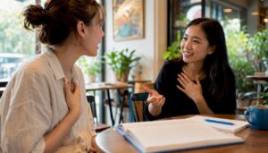 Learner practicing Thai emotions speaking with instructor