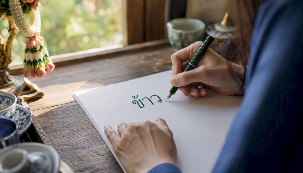 Hand writing Thai syllable on paper