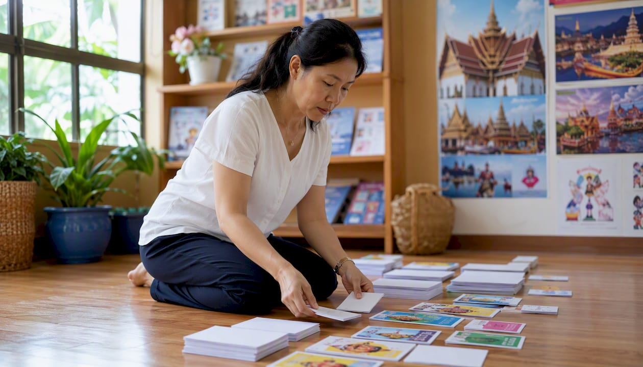 Teacher preparing task cards for language lesson