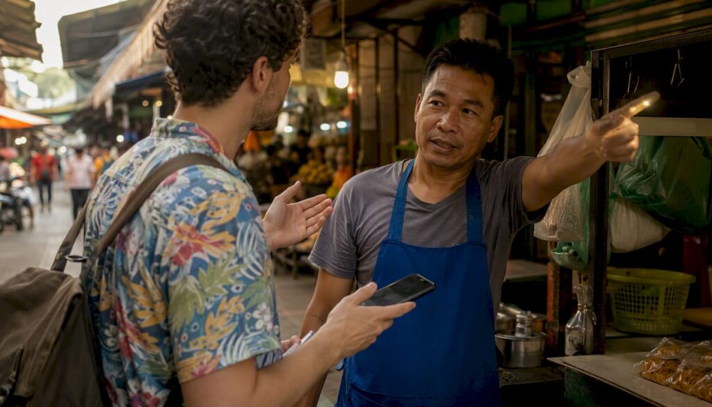 Traveler politely asking directions in Thai street