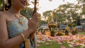 Hands performing Thai wai greeting in festival