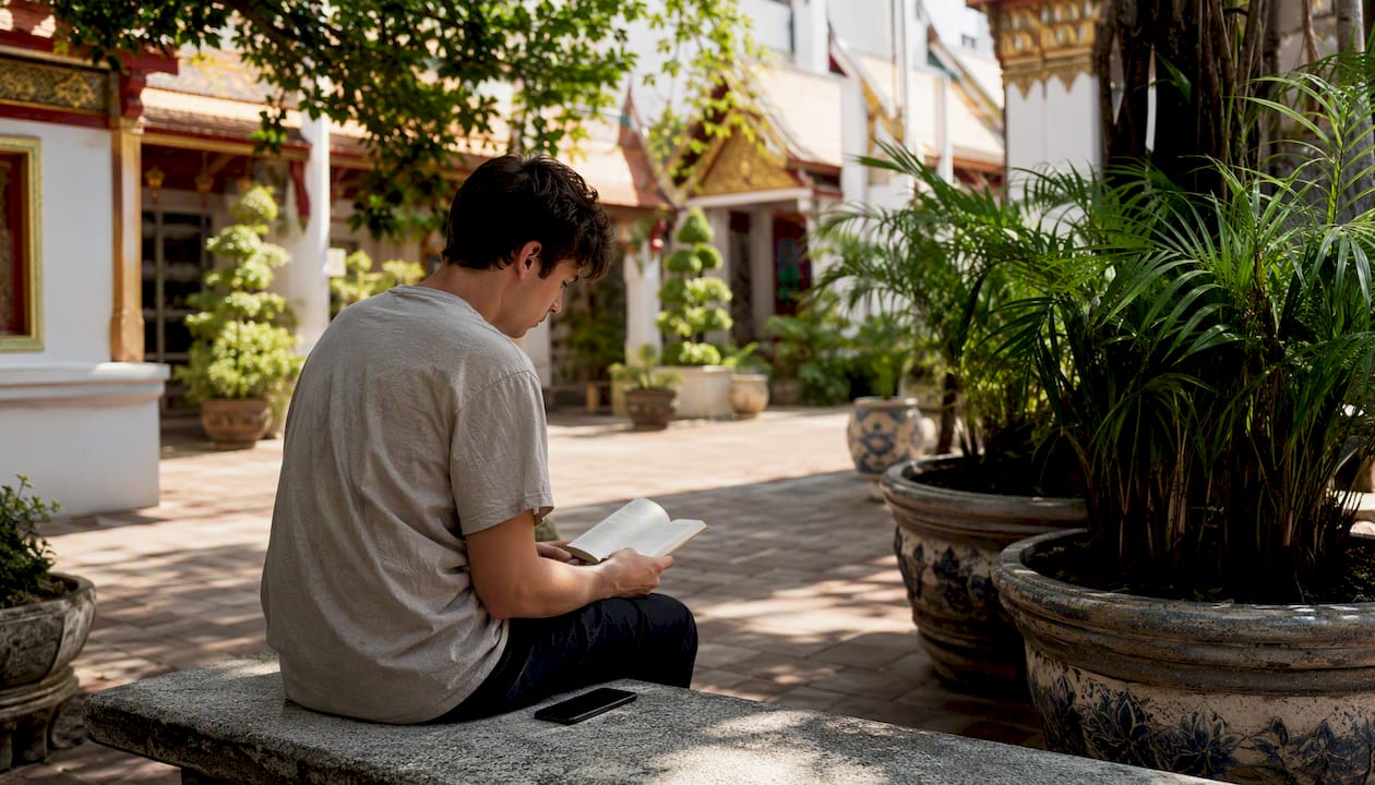 Traveler studying Thai phrases at market