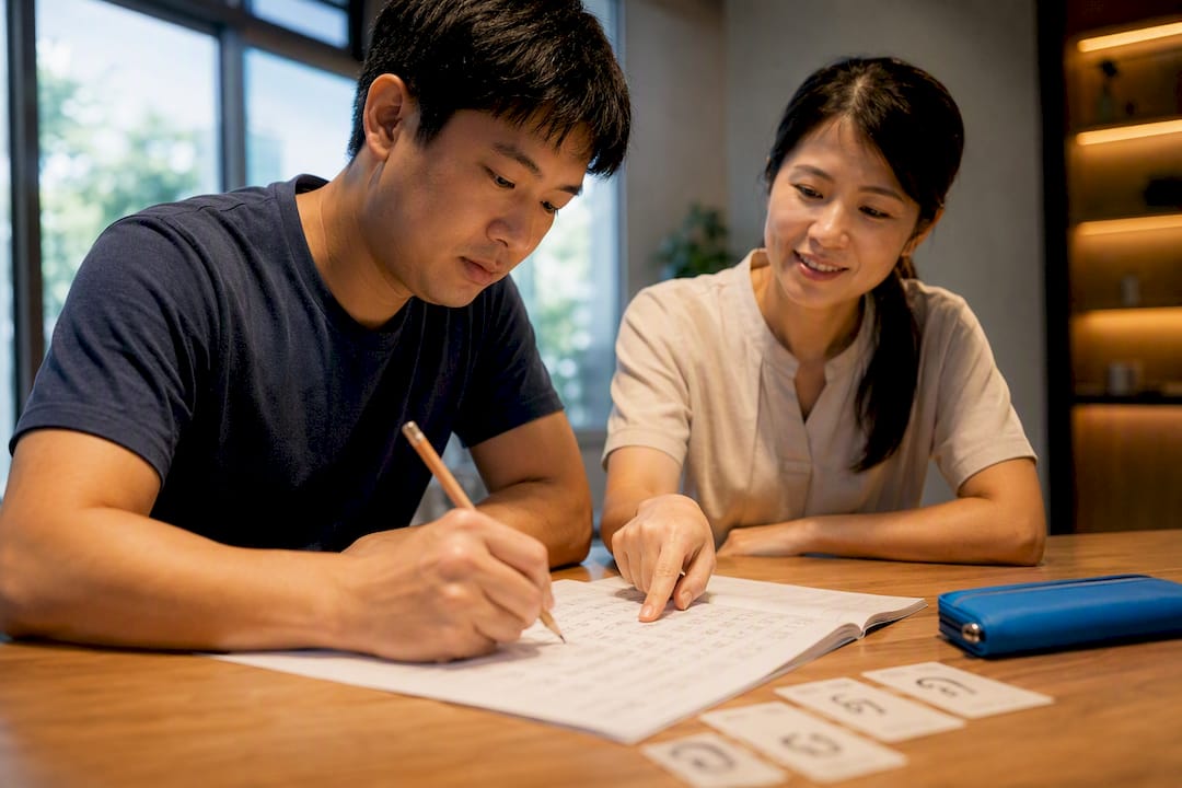 Adult learner studying Thai alphabet in class